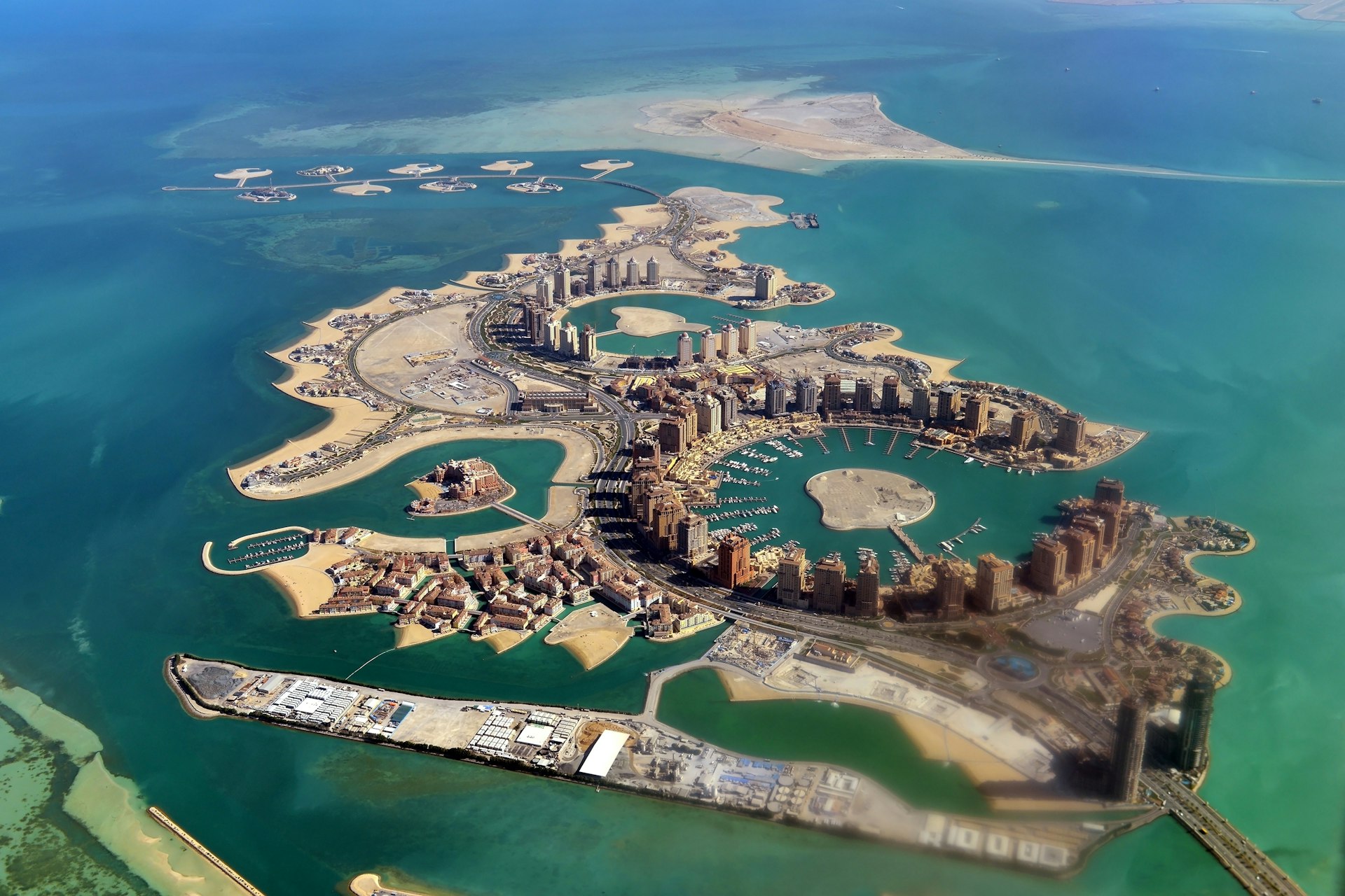 Aerial view of The Pearl island in Doha, Qatar