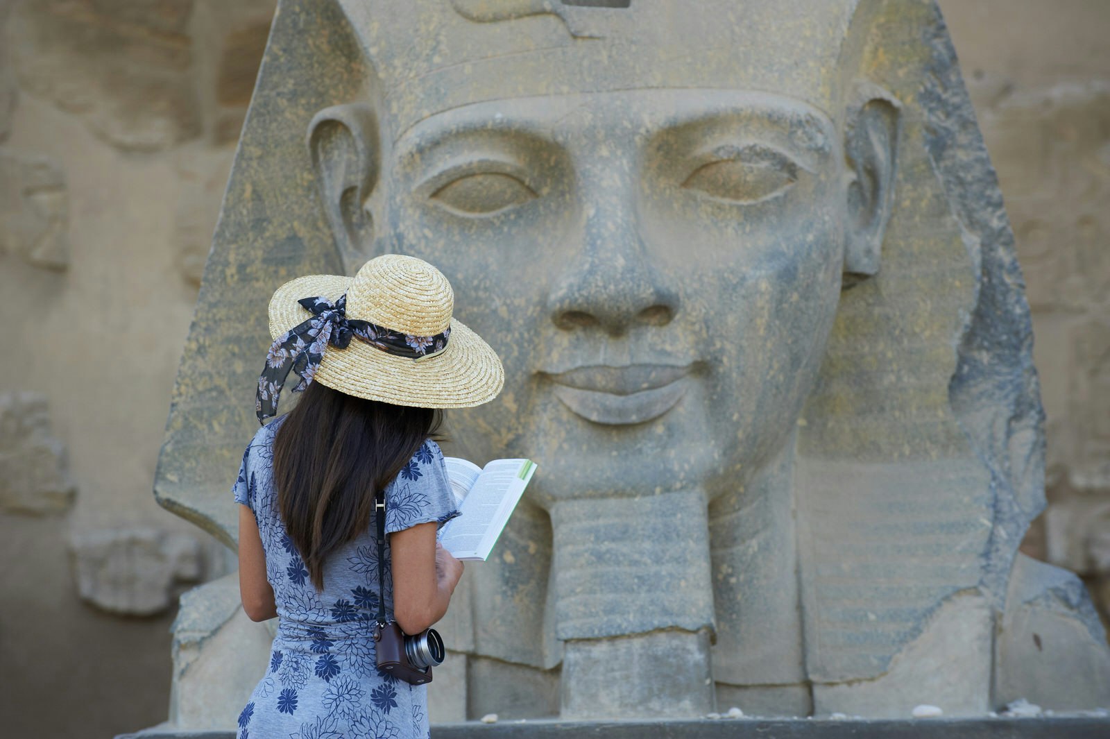 Tourist reads a guidebook and studies a statue of the pharaoh Ramses II, Temple of Luxor, Egypt