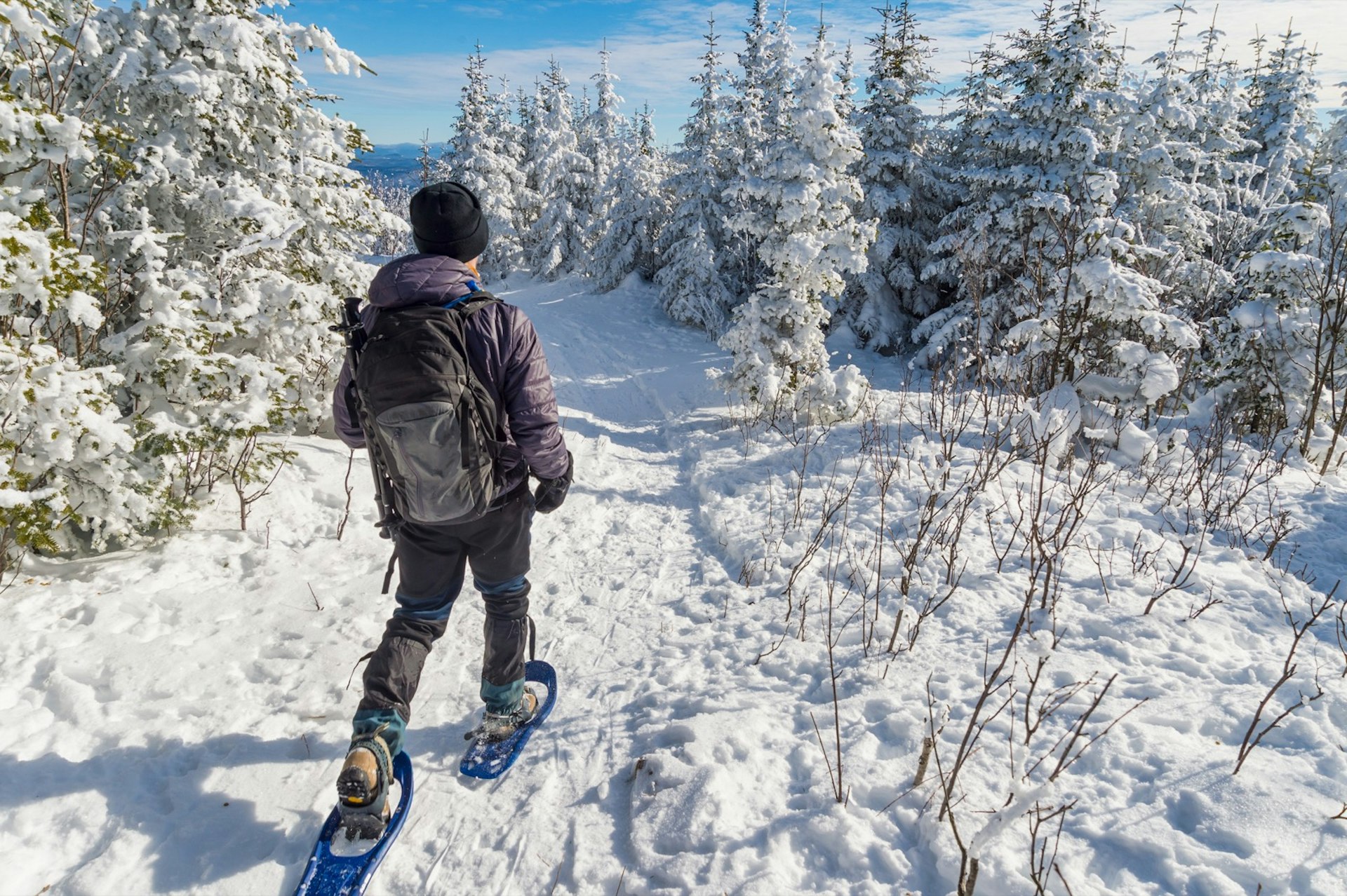 Young man snowshoeing in winter, in the Quebec eastern townships region, Canada