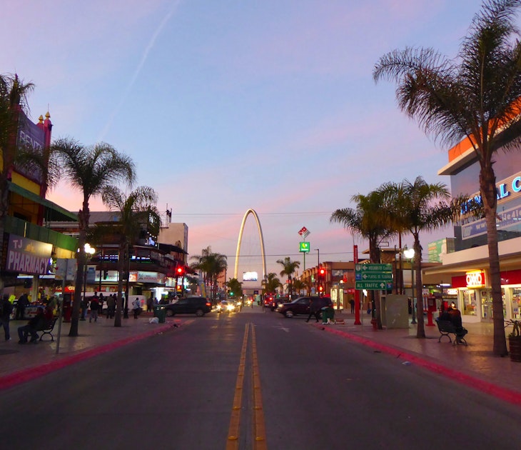 An empty street lined with palm trees with an arch at one end under a blue sky dotted with pink clouds