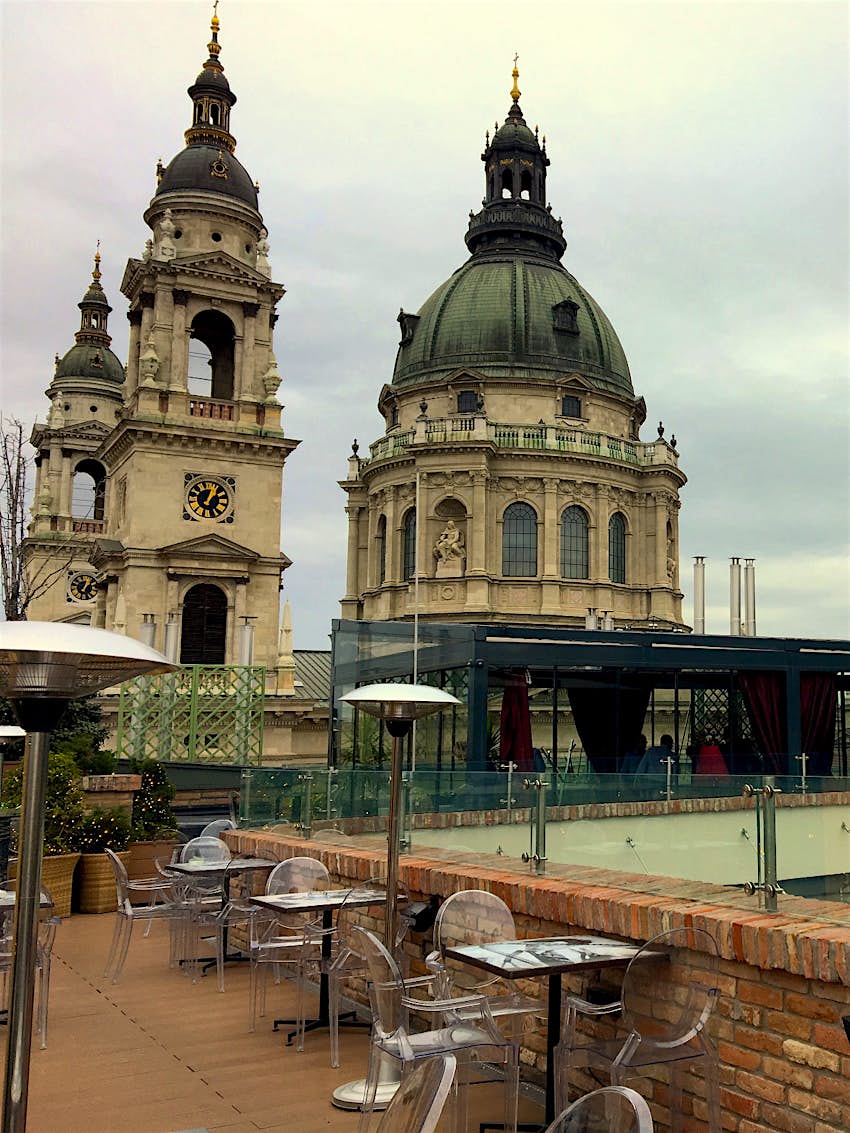 View of St Stephen's Basilica from the rooftop terrace of High Note SkyBar in Budapest