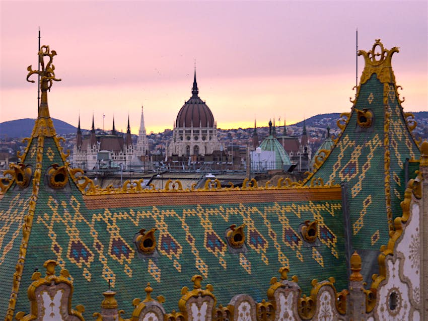View of the Parliament over the roof of the Hungarian State Treasury from Intermezzo Rooftop Terrace in Budapest