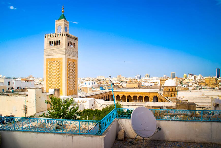 Terrace covered in mosaic tiles overlooks the medina of Tunis, Tunisia