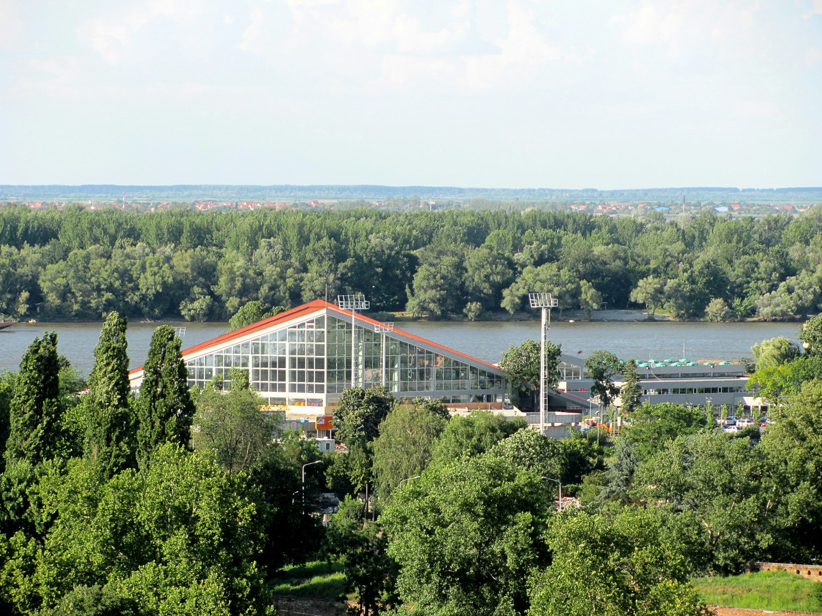 View of the 25 May sports centre and the Danube from the Kalemegdan Fortress in Belgrade