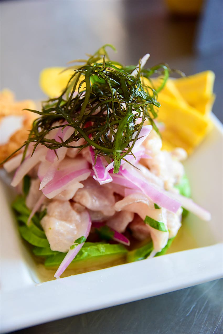 A close-up of Peruvian ceviche with onion, seaweed, plantain chips and corn