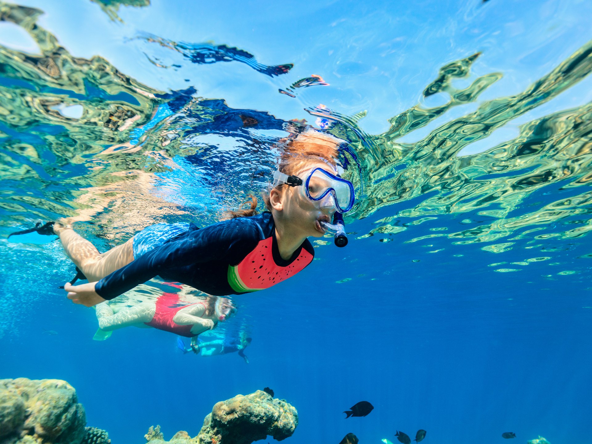 Children snorkelling through very clear blue water with some fish in the background