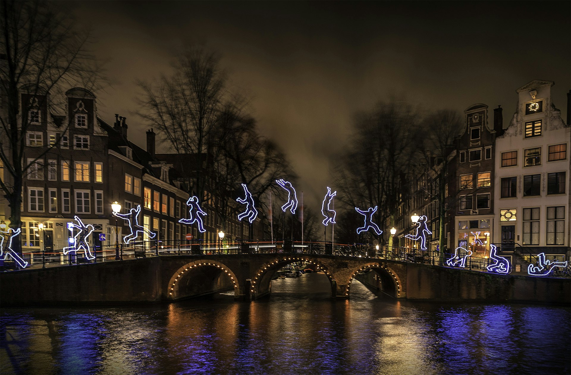 A light installation on a canal bridge in Amsterdam