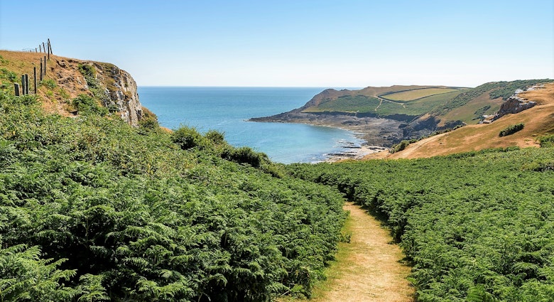 A path leads down to a stretch of coast in Wales