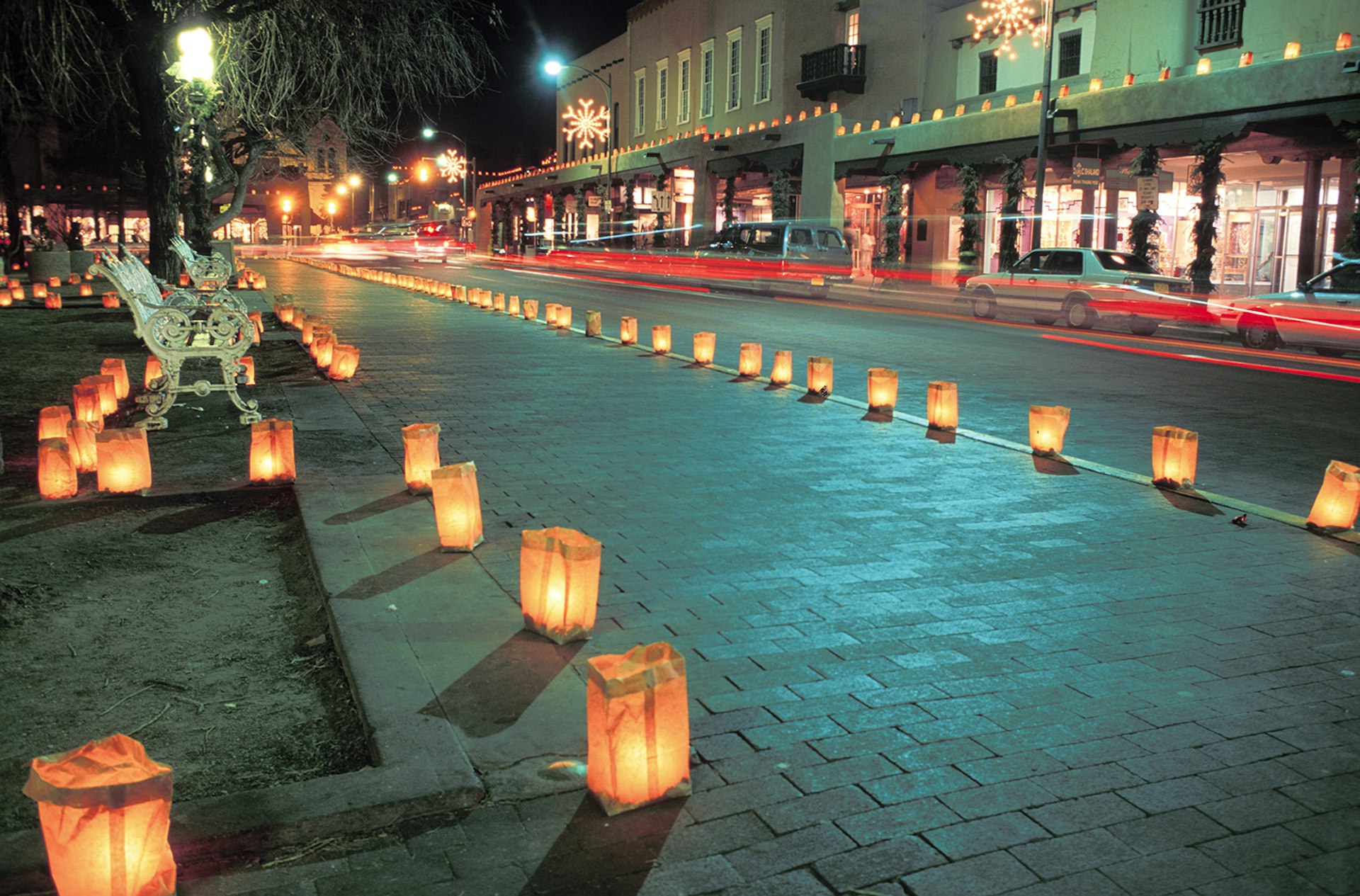 Little lanterns lining the streets of Santa Fe, New Mexico