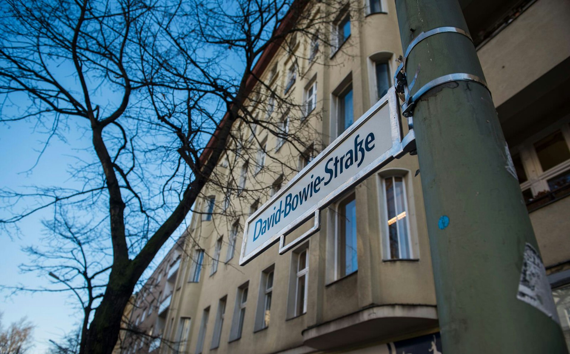 A street sign reading David Bowie Strasse is pictured in Berlin's Hauptstrasse as a tribute to British rock icon David Bowie outside his former home in Hauptstrasse 155 in Berlin 