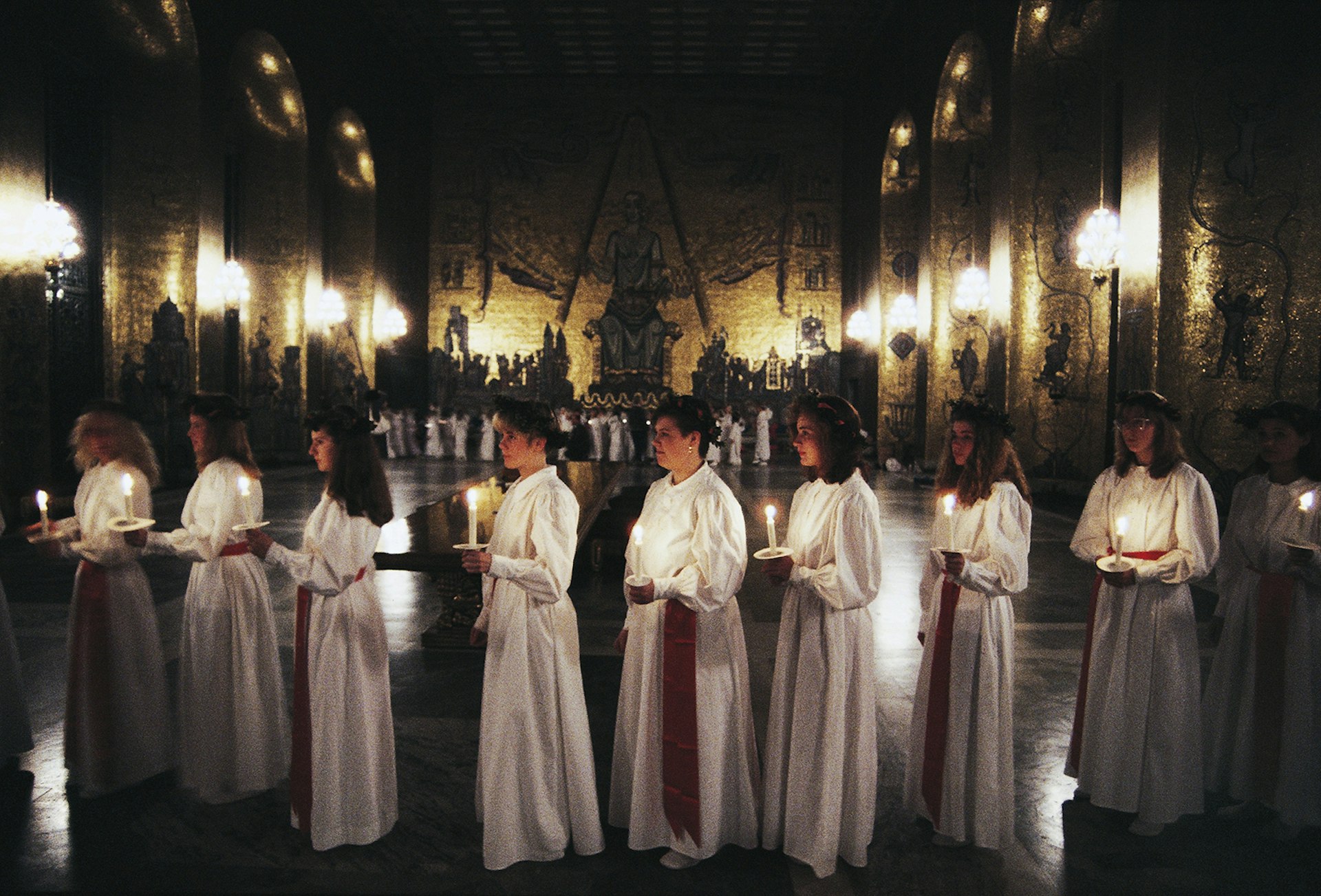 A procession taking place during the Feast of Santa Lucia in Stockholm, Sweden