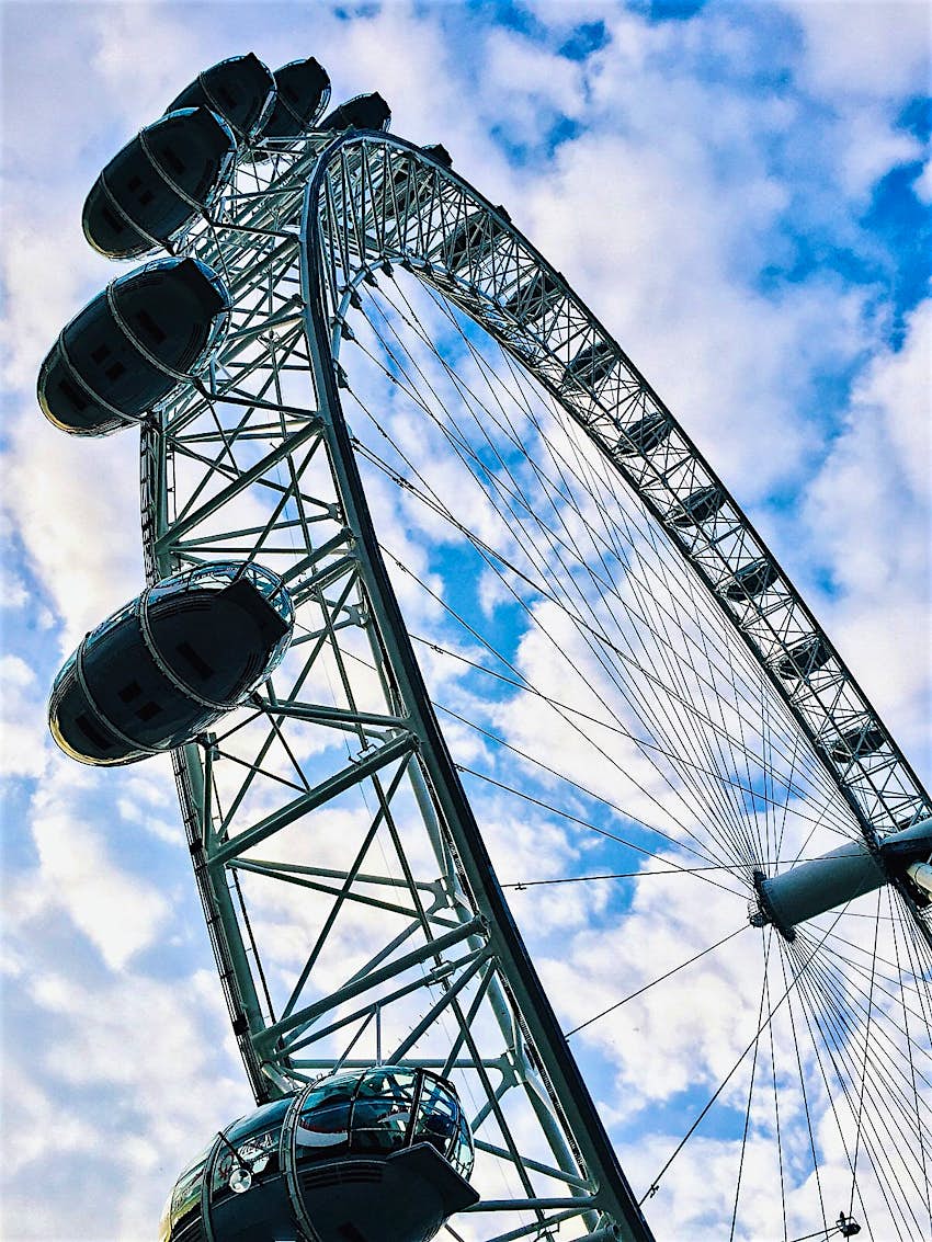 Features - Low Angle View Of Ferris Wheel Against Cloudy Sky A view looking up at the London Eye from ground level