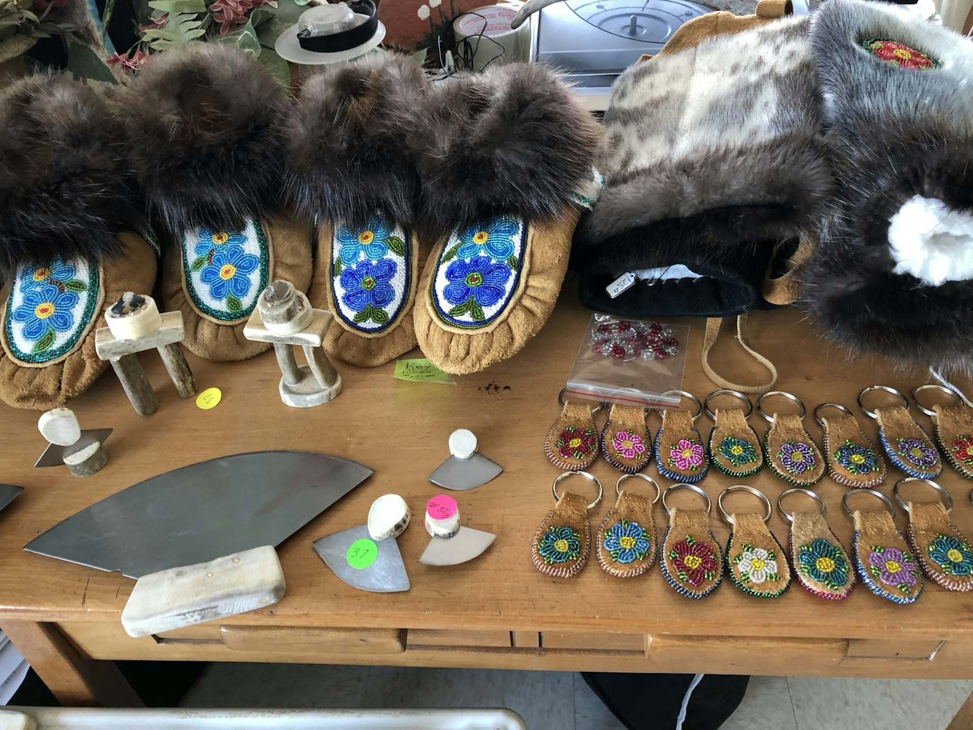 Fur lined moccasins and keychains are some of the hand-crafted items on display and for sale at a Northwest Territories shop