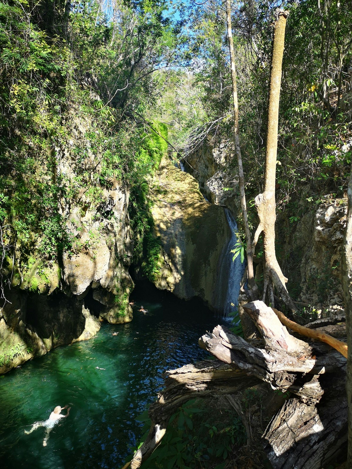 A person swims in the water hole near Javira waterfall 