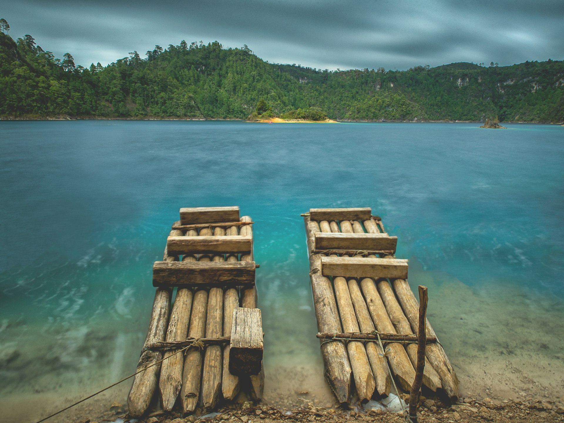 Rustic wooden rafts on Lake Montebello, Chiapas, Mexico