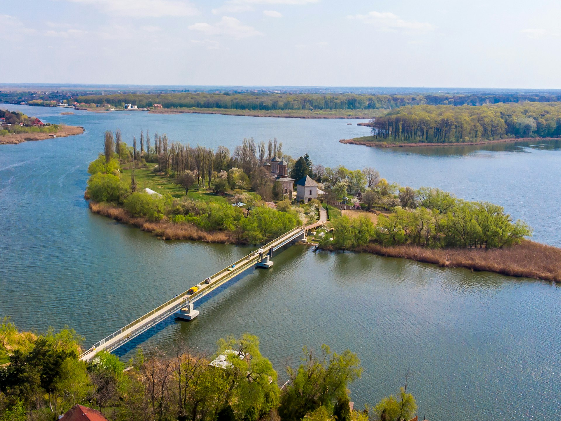 Drone view of Snagov Monastery on Snagov Lake near Bucharest