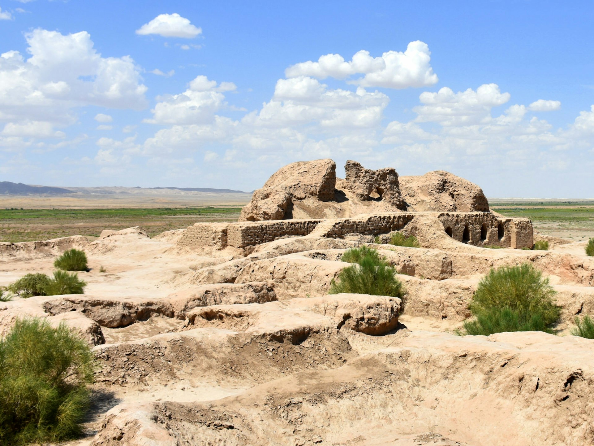 Mud remains of an ancient settlement dotted with green weeds and an open desert beyond