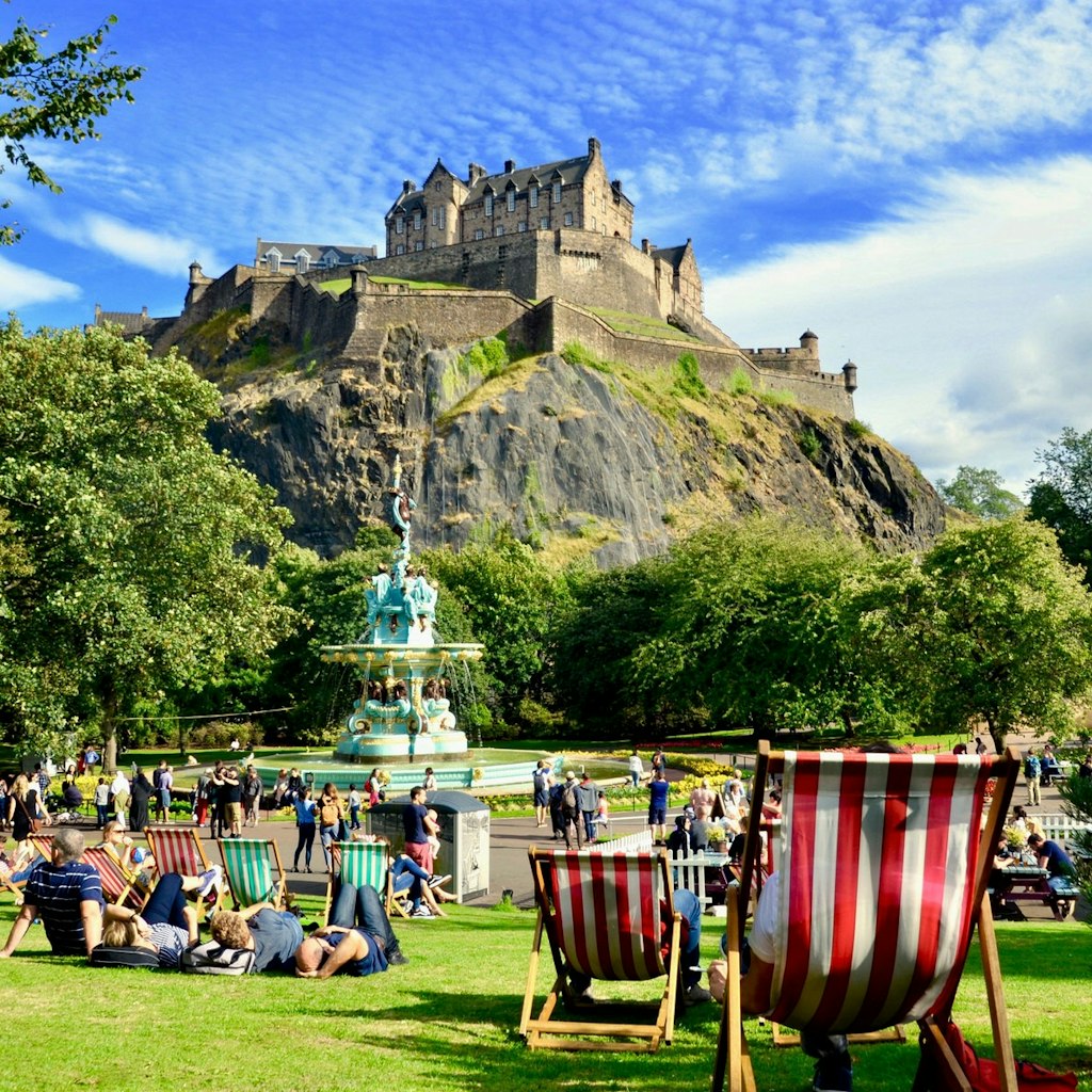 Edinburgh Castle seen from Princes Street Gardens on a sunny day