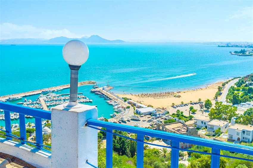 Overlooking the beach and the blue waters of the Bay of Tunis from Sidi Bou Said, Tunisia