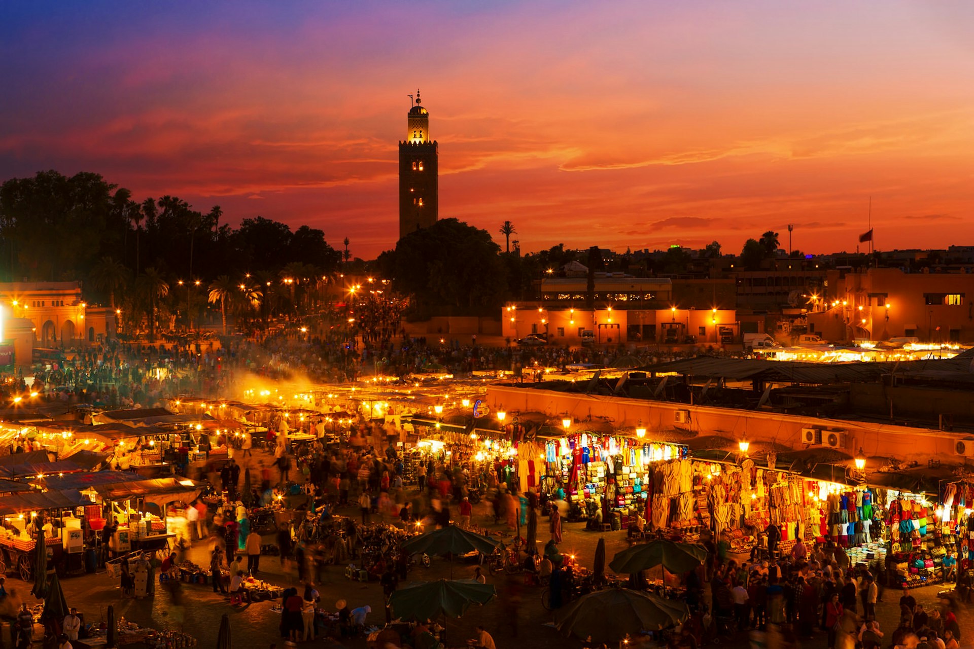 Sunset over the popular Djemaa El Fna Square in Marrakesh, Morocco