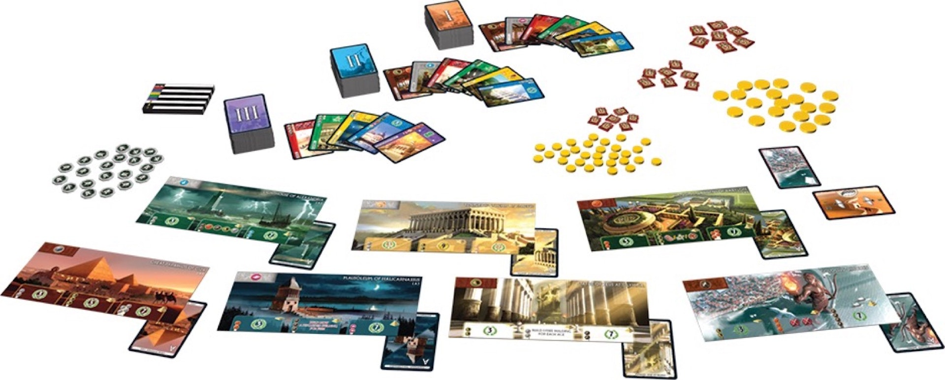 The board game seven wonders is laid out on a white background