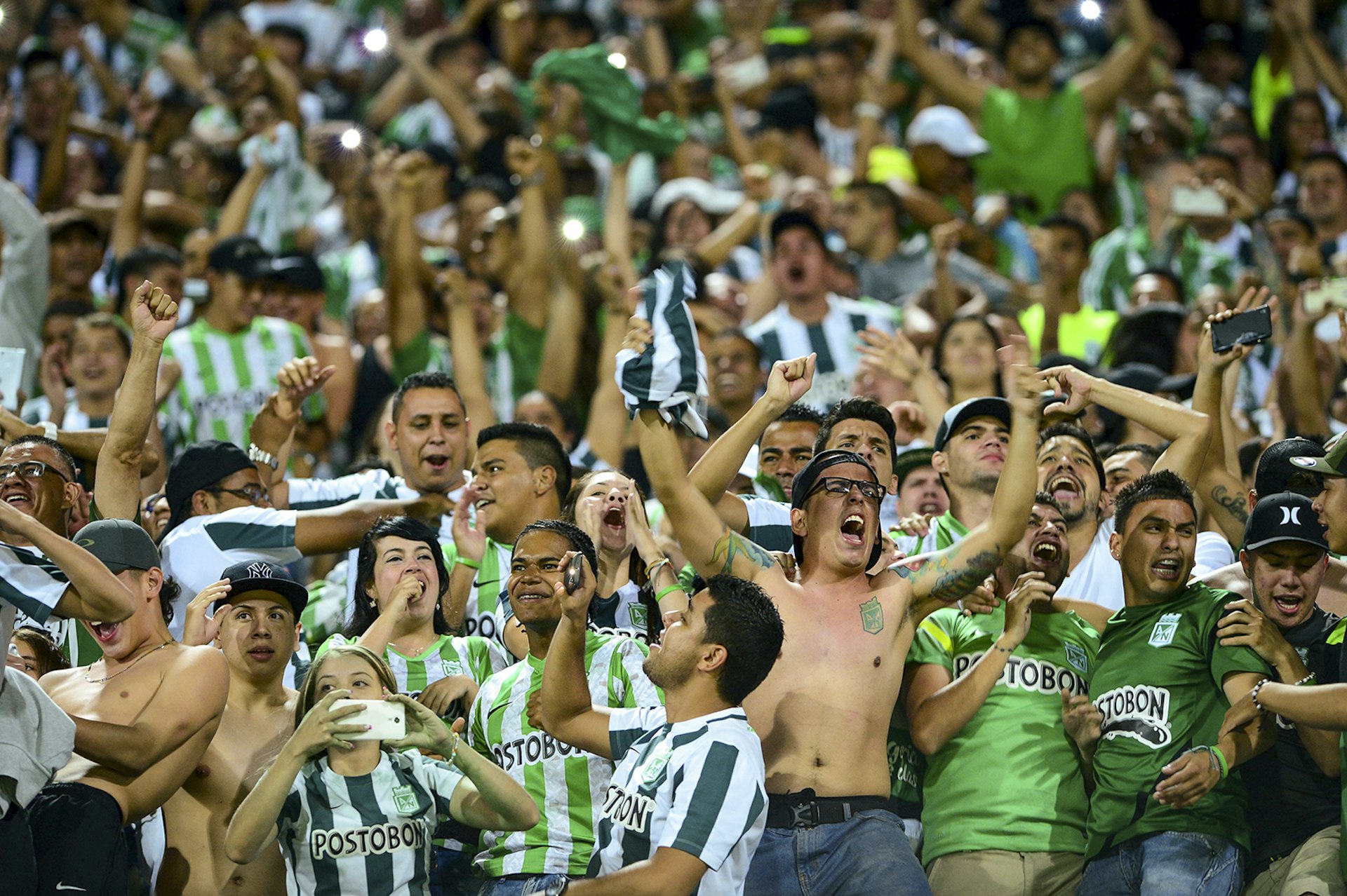 Legions of fans in green and white cheer on their team in Medellín, Colombia.