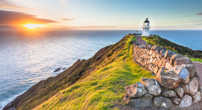 Cape Reinga Lighthouse at sunset.