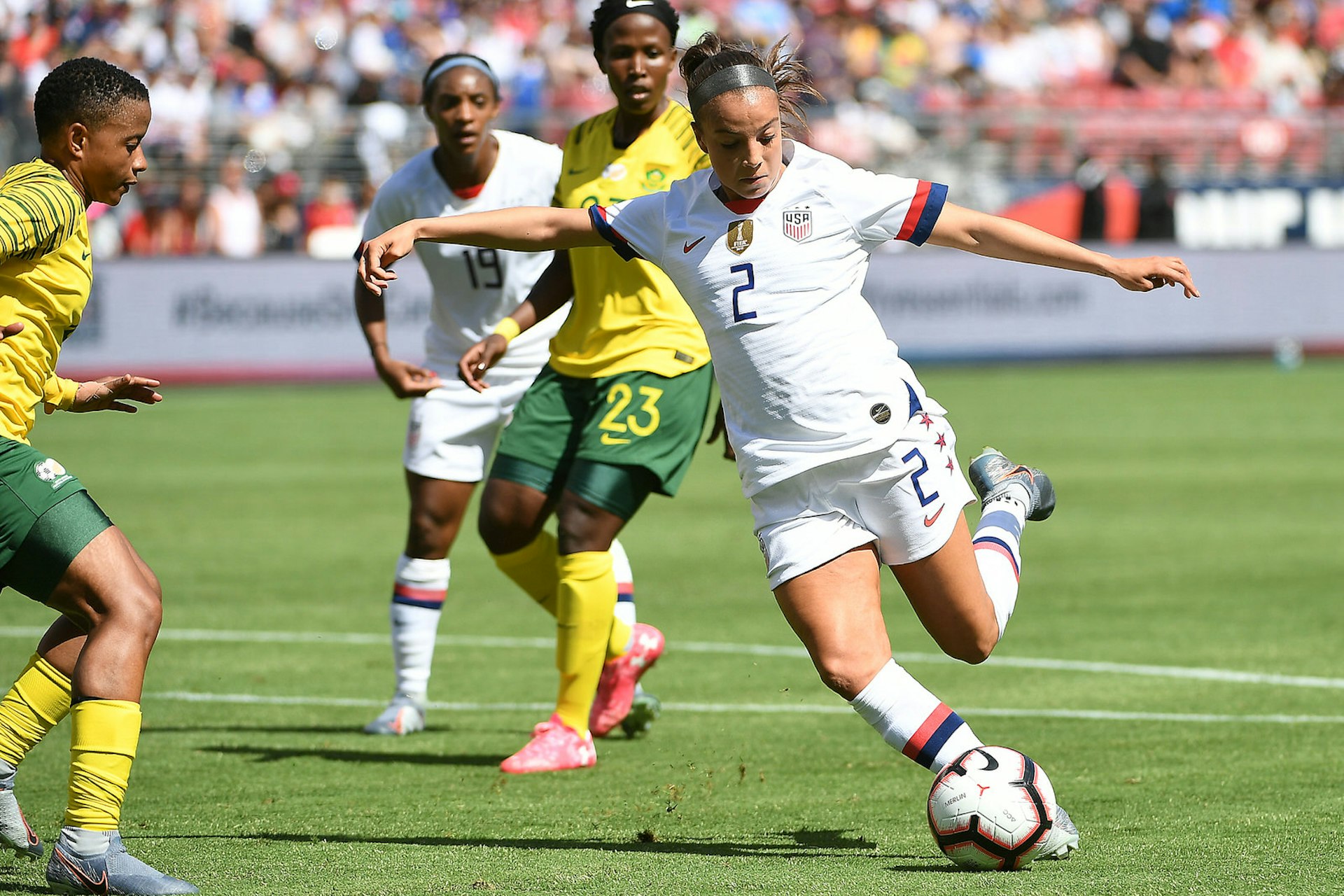 Mallory Pugh of United States takes a shot against South Africa during an international friendly football match at Levi's Stadium on May 12, 2019 in Santa Clara, California