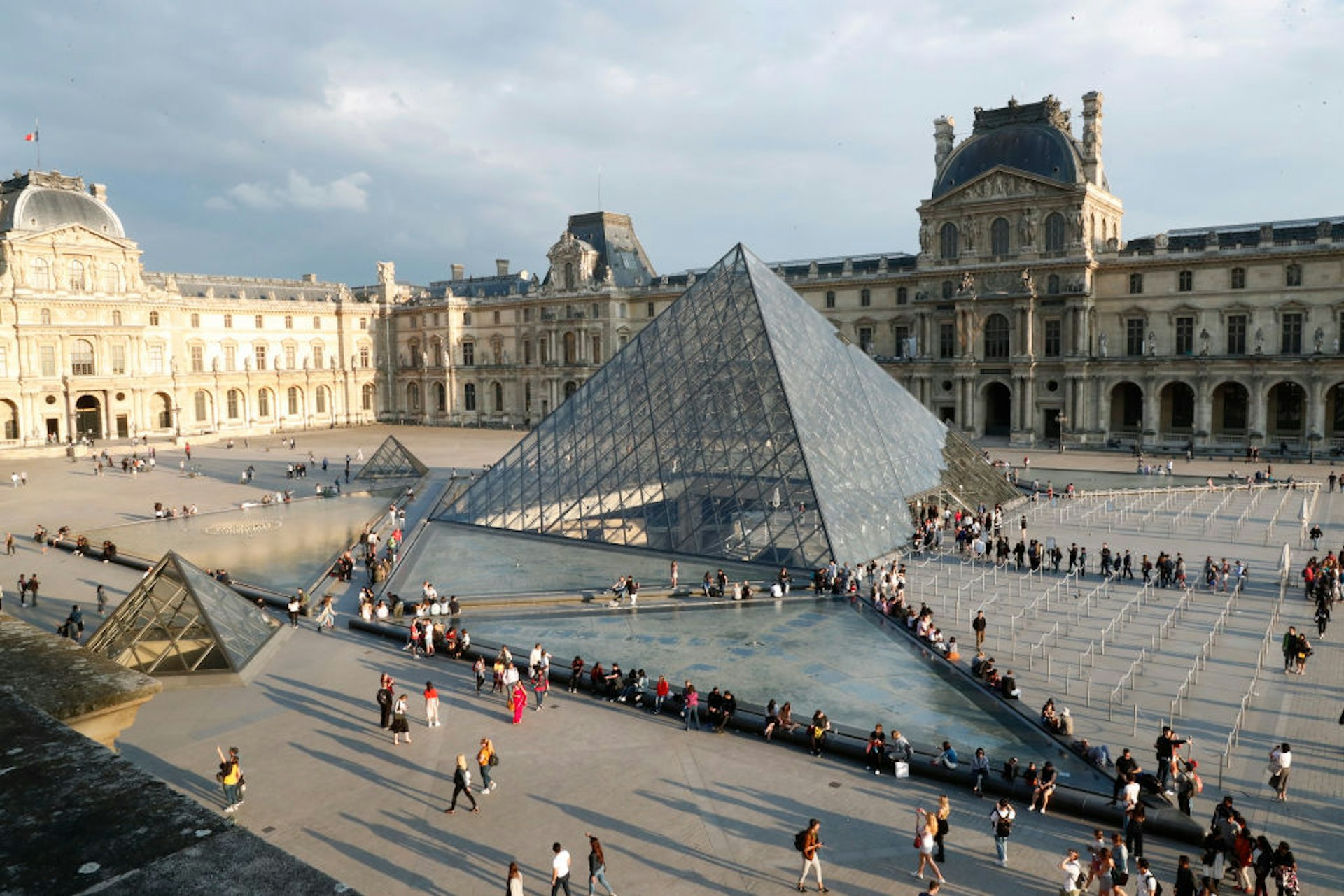External view of the Louvre and its featured glass pyramid