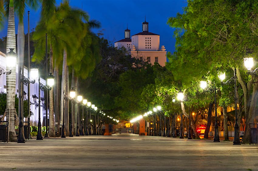 Decorative cast iron street lamps - set beneath lines of trees - flank both sides of a cobbled street of Paseo de la Princesa in the old city; San Juan nightlife spills onto these streets come dark