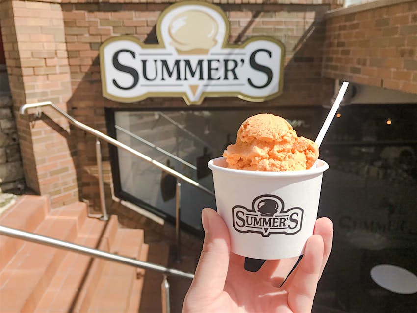 A hand holds a dainty cup with a scoop of ice cream in it in front of a sign that says Summer's.