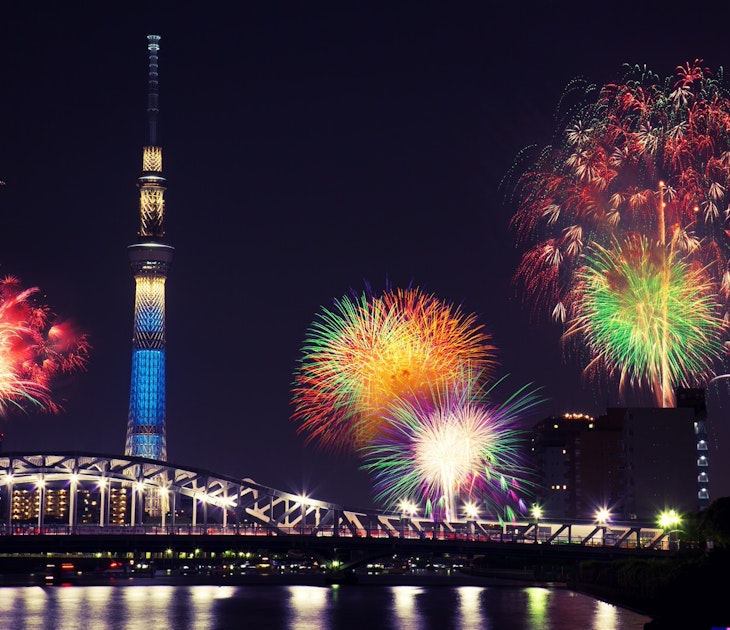 Fireworks explode over the Sumida river at night