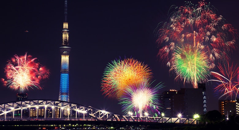 Fireworks explode over the Sumida river at night
