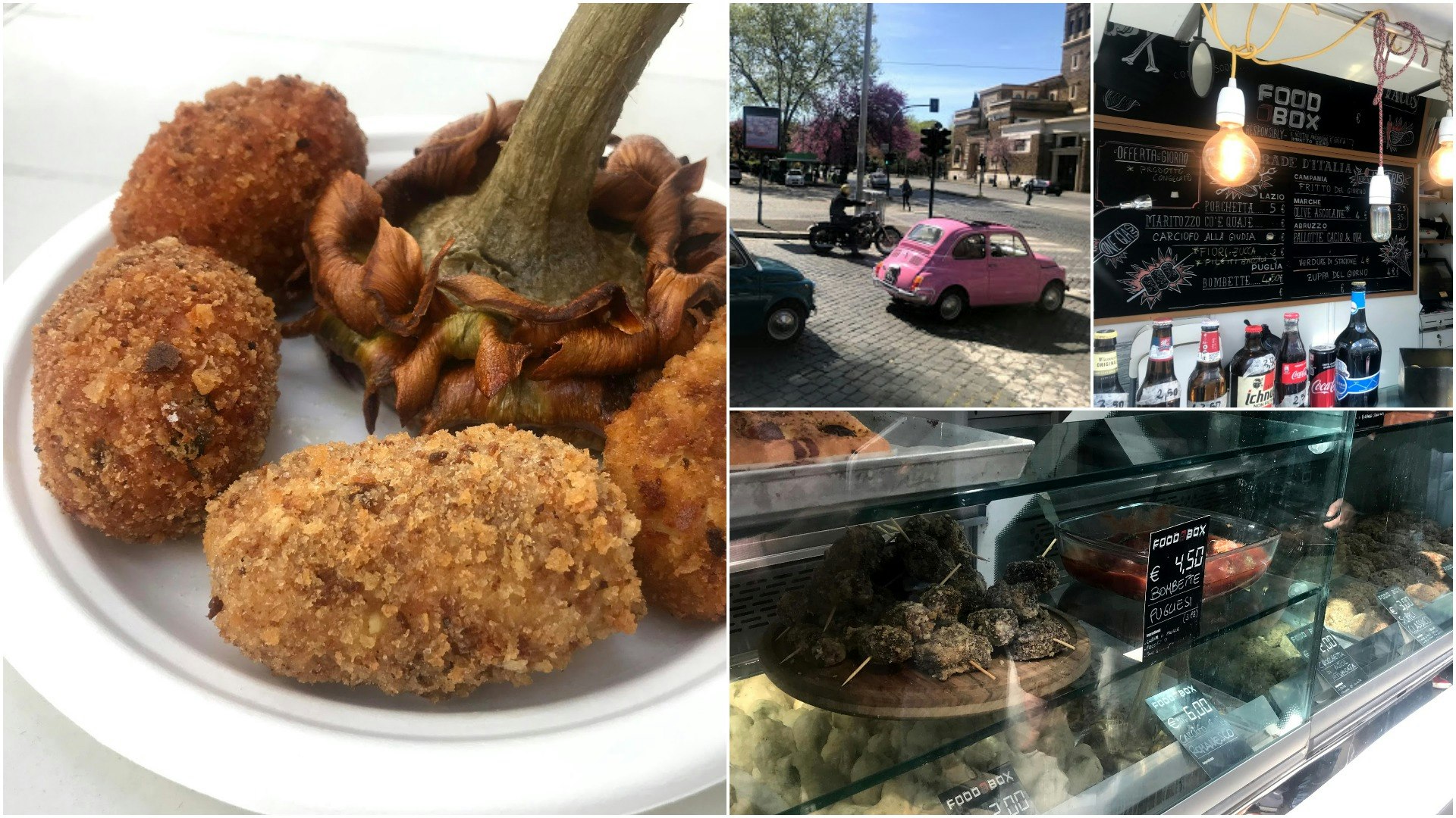 Rome budget - A collaged image of fried croquettes, a street scene, a food menu, and a glass casing full of food. Rome, Italy.