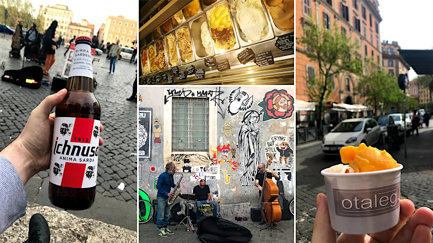 Rome budget - A collaged image of a man holding beer, a case of gelato, street musicians, and a person holding a cup of orange gelato.
