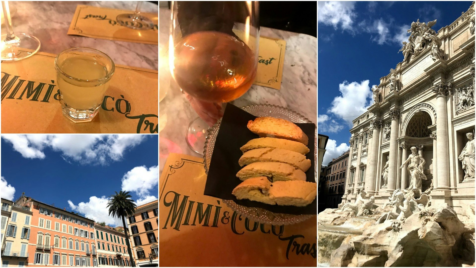 Rome budget - A collaged image of a class of prosecco, Roman buildings, and a close up of bread and wine