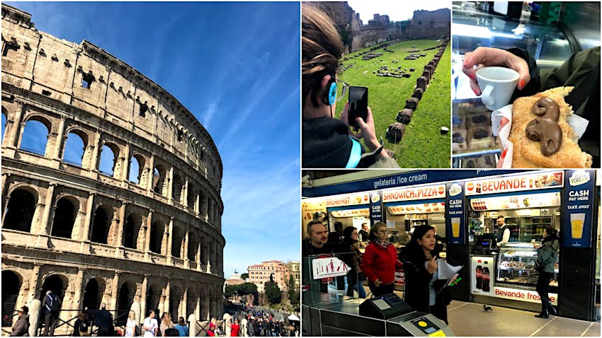 Rome budget - A collaged image of the Coliseum, a woman taking photos of Roman ruins, a close up of a pastry and coffee, and people walking through a metro station