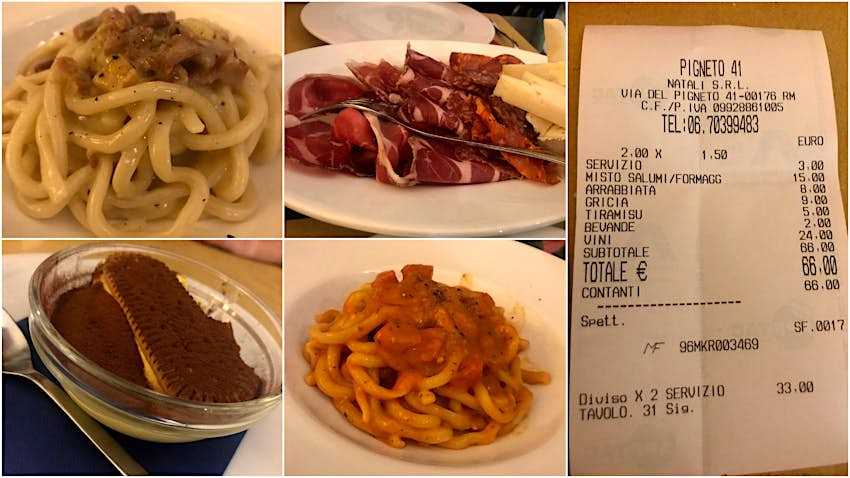 Rome budget - A collaged image of pasta, a dessert dusted with chocolate, charcuterie, and the receipt for the meal