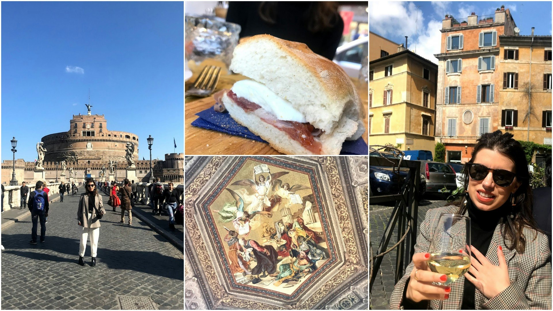 Rome budget - Sasha standing in front of a military museum, a parma ham and mozzarella bap, an al fresco painting and Sasha sinking another glass of white wine