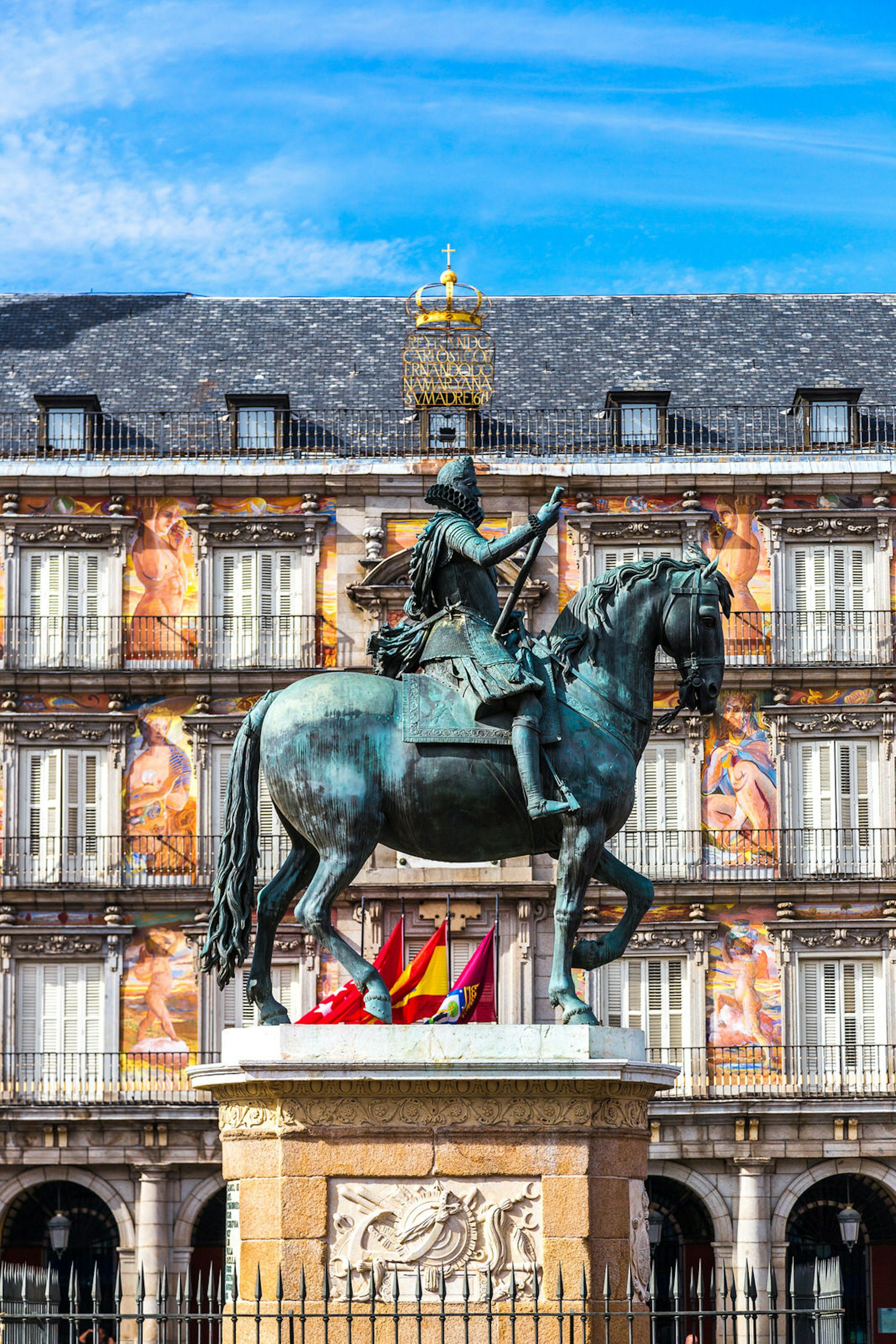 Statue of Philip III at Plaza Mayor, Madrid, on a sunny day