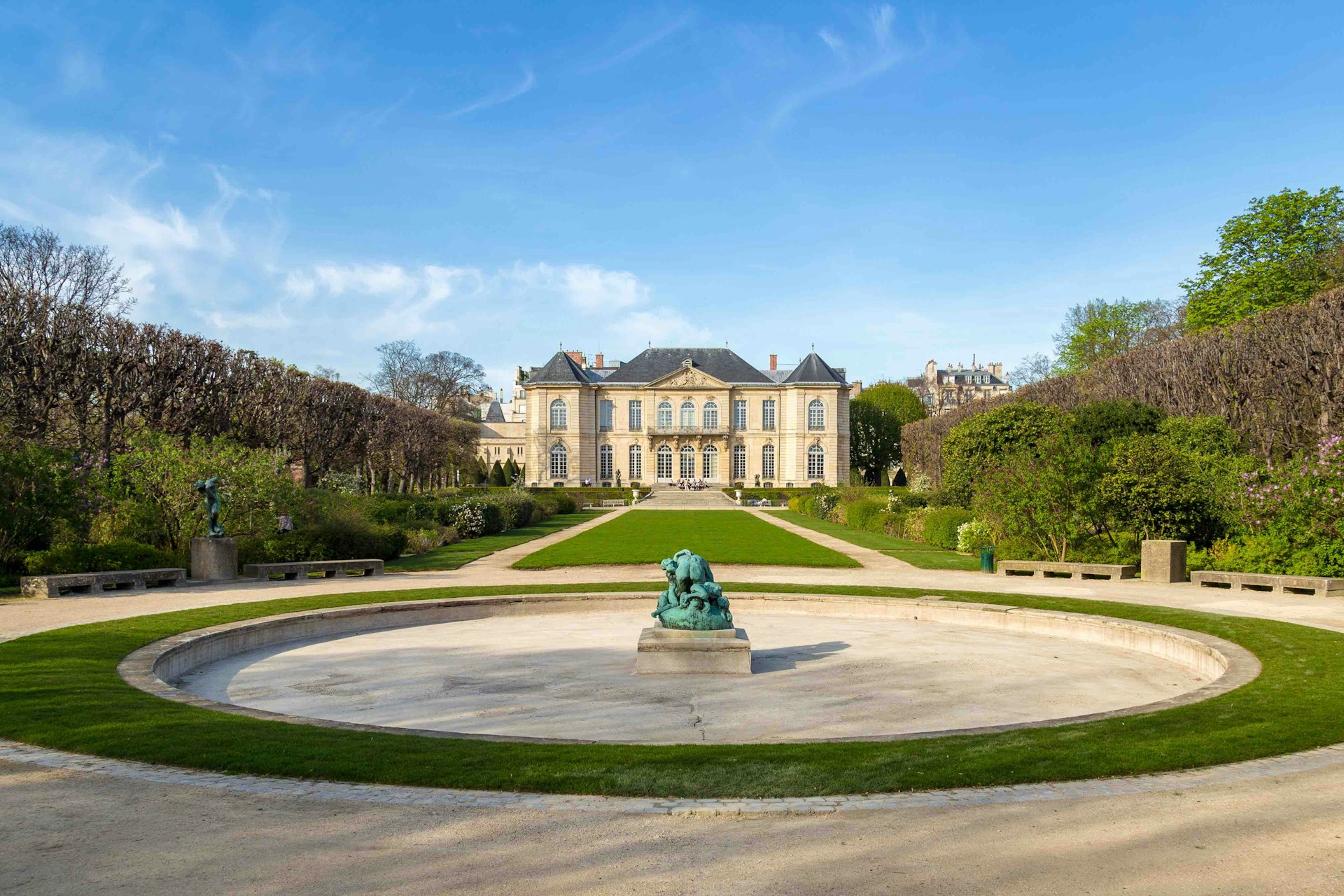 External view of Musée Rodin in Paris and its gardens.