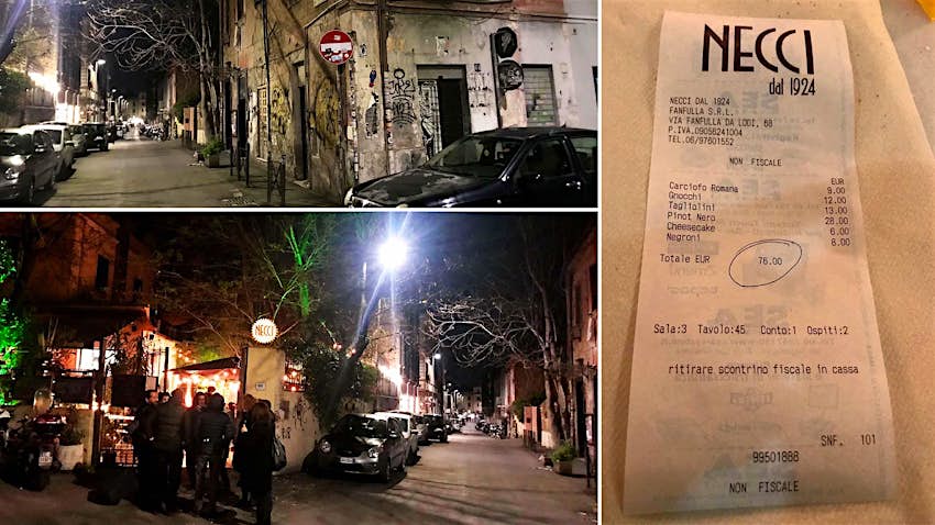 Rome budget - An image of streets in Rome alongside an image of a receipt with the total circled.