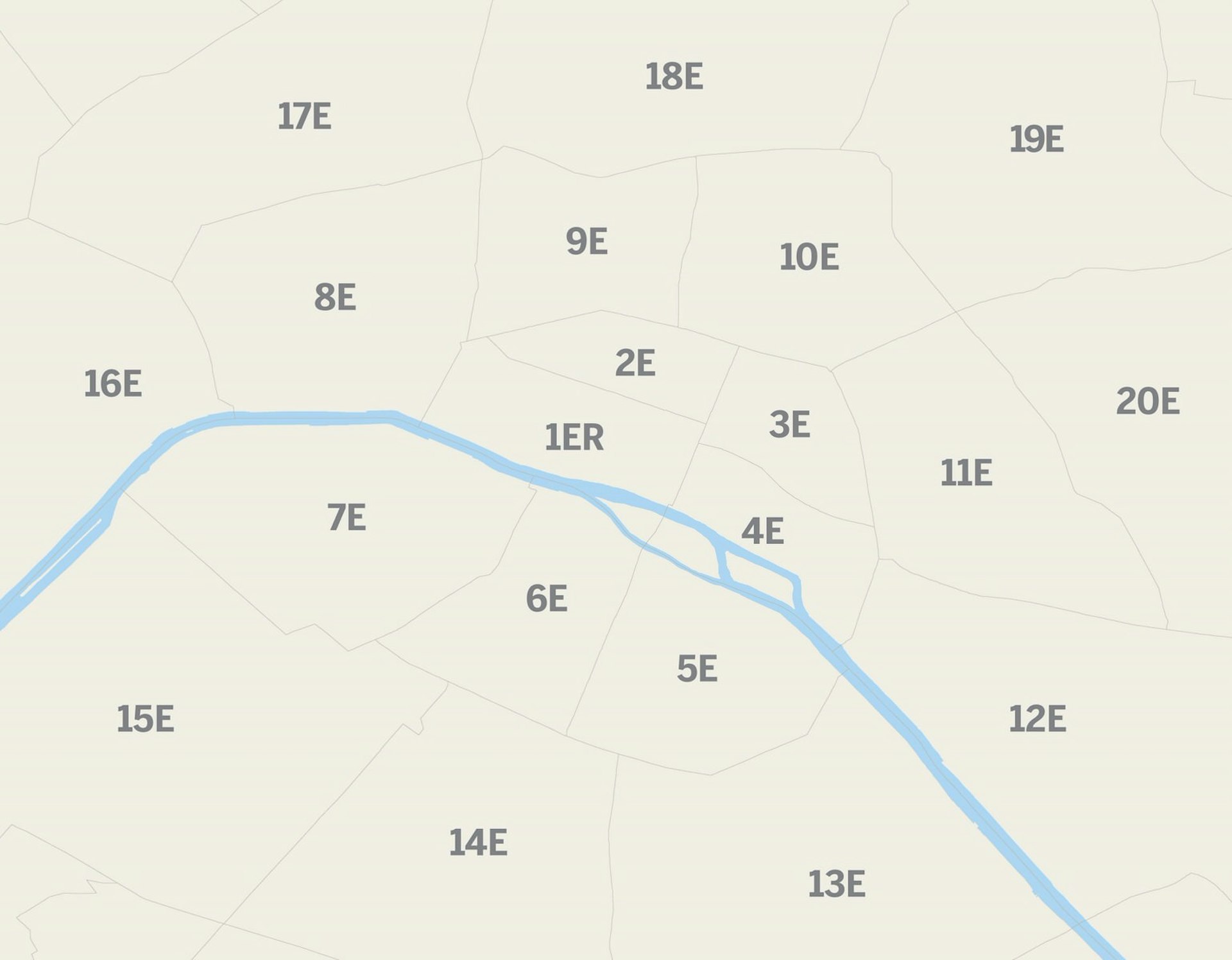 A map of Paris's numbered neighborhoods from 1 to 20 with a river running through the center