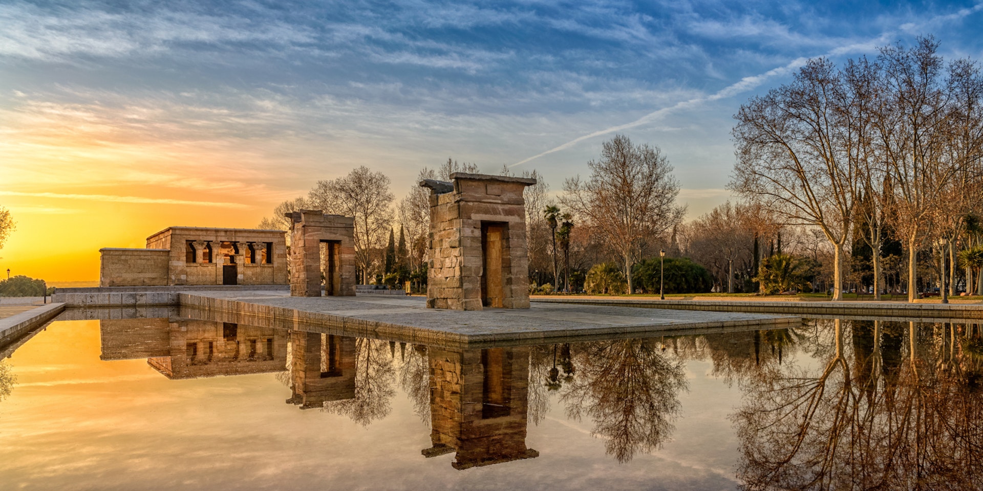 The Templo de Debod at sunset; free things to do in Madrid