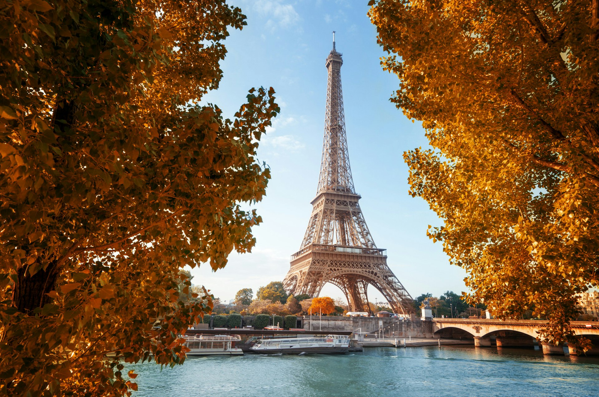 The Eiffel Tower as viewed from across the Seine and framed neatly by two leafy trees in autumn colours