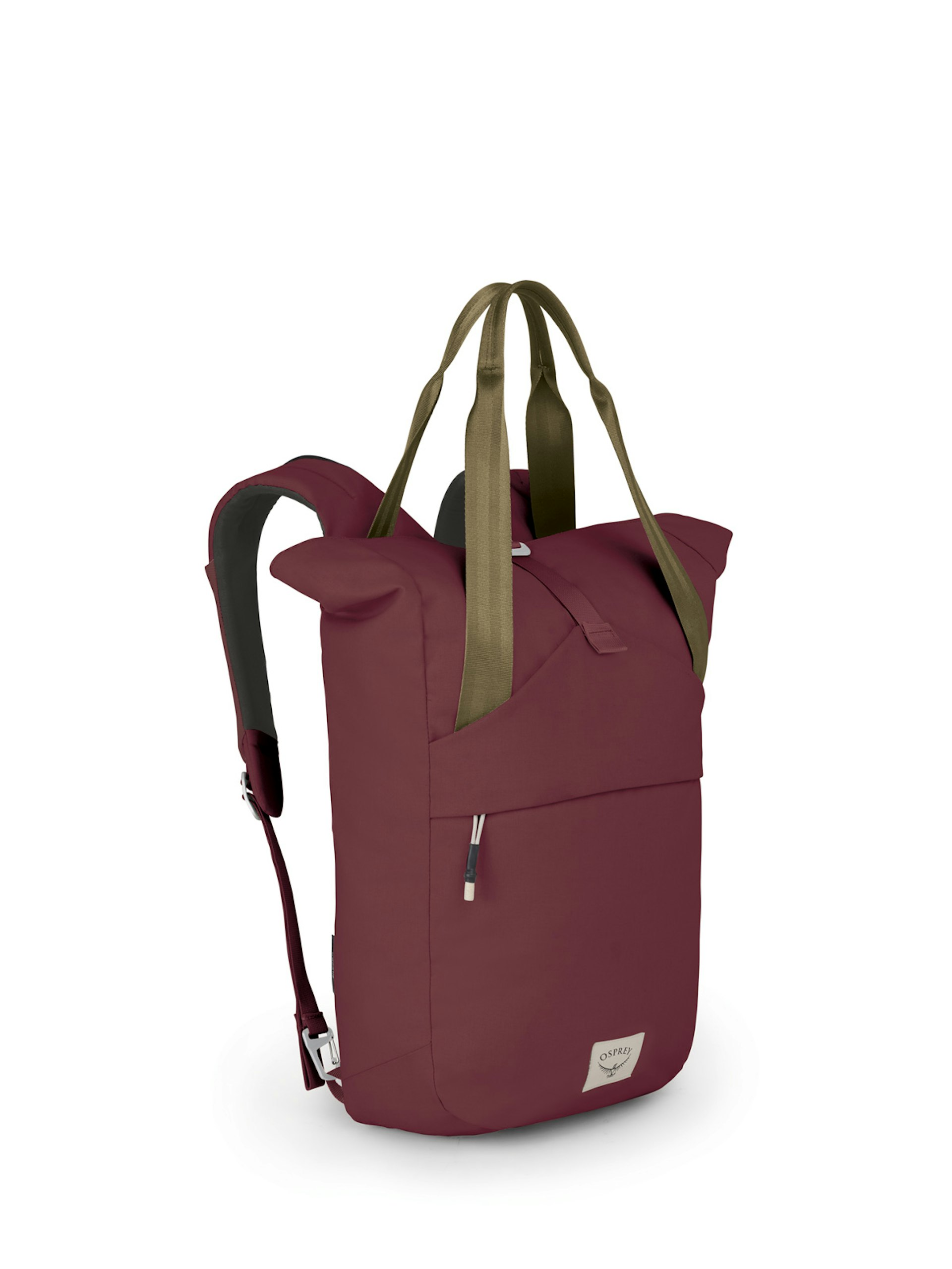 a burgundy colored bucket bag with tote straps and backpack straps