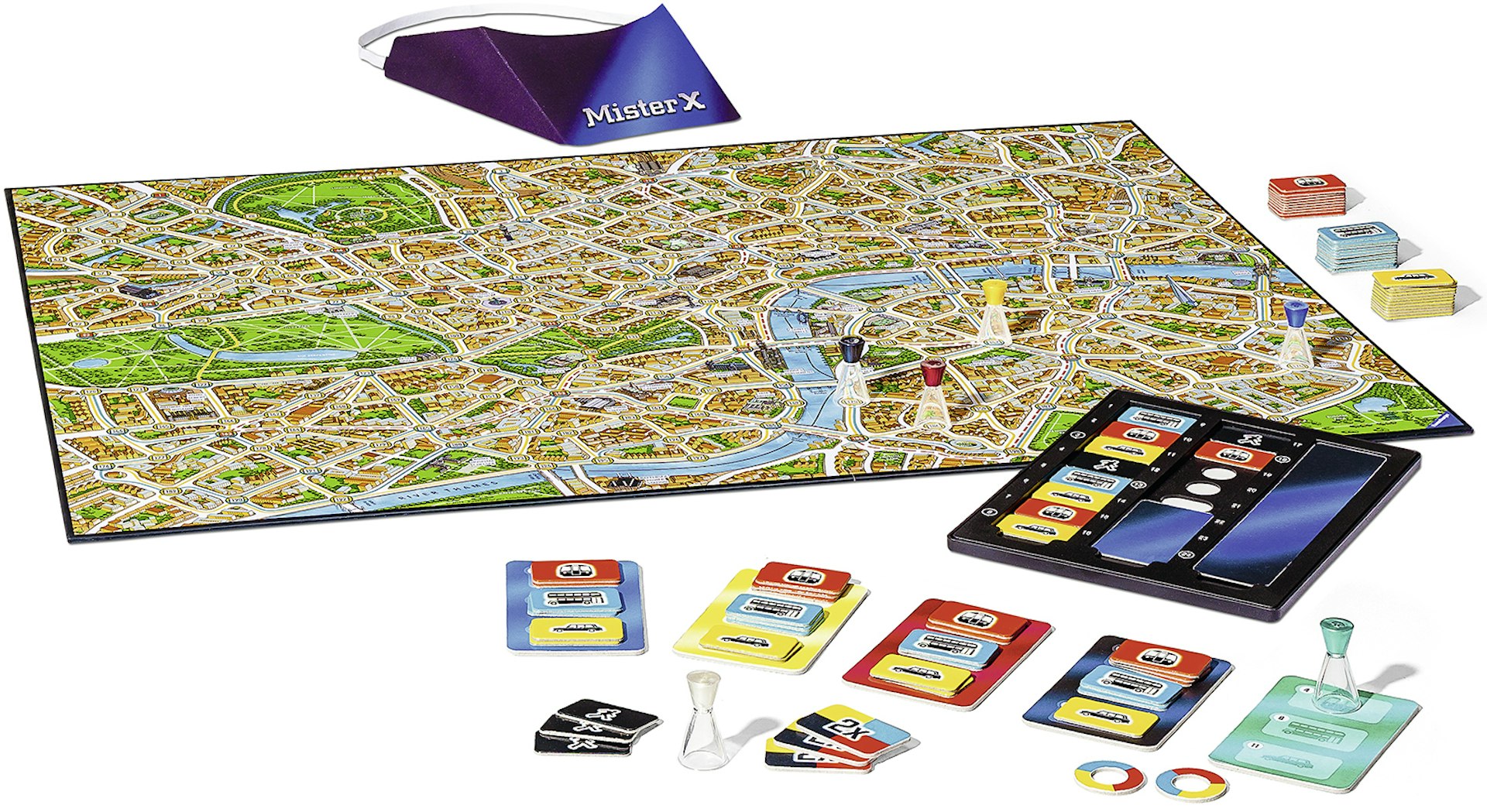 The board game Scotland Yard is laid out on a white background