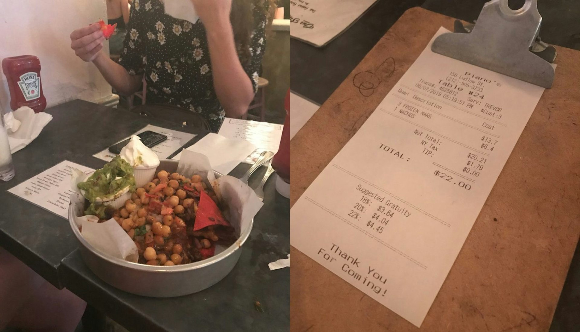 Two images: the image on the left is of a table with a large dish of loaded nachos and two menus. The second image is of the bill for the food and drinks.