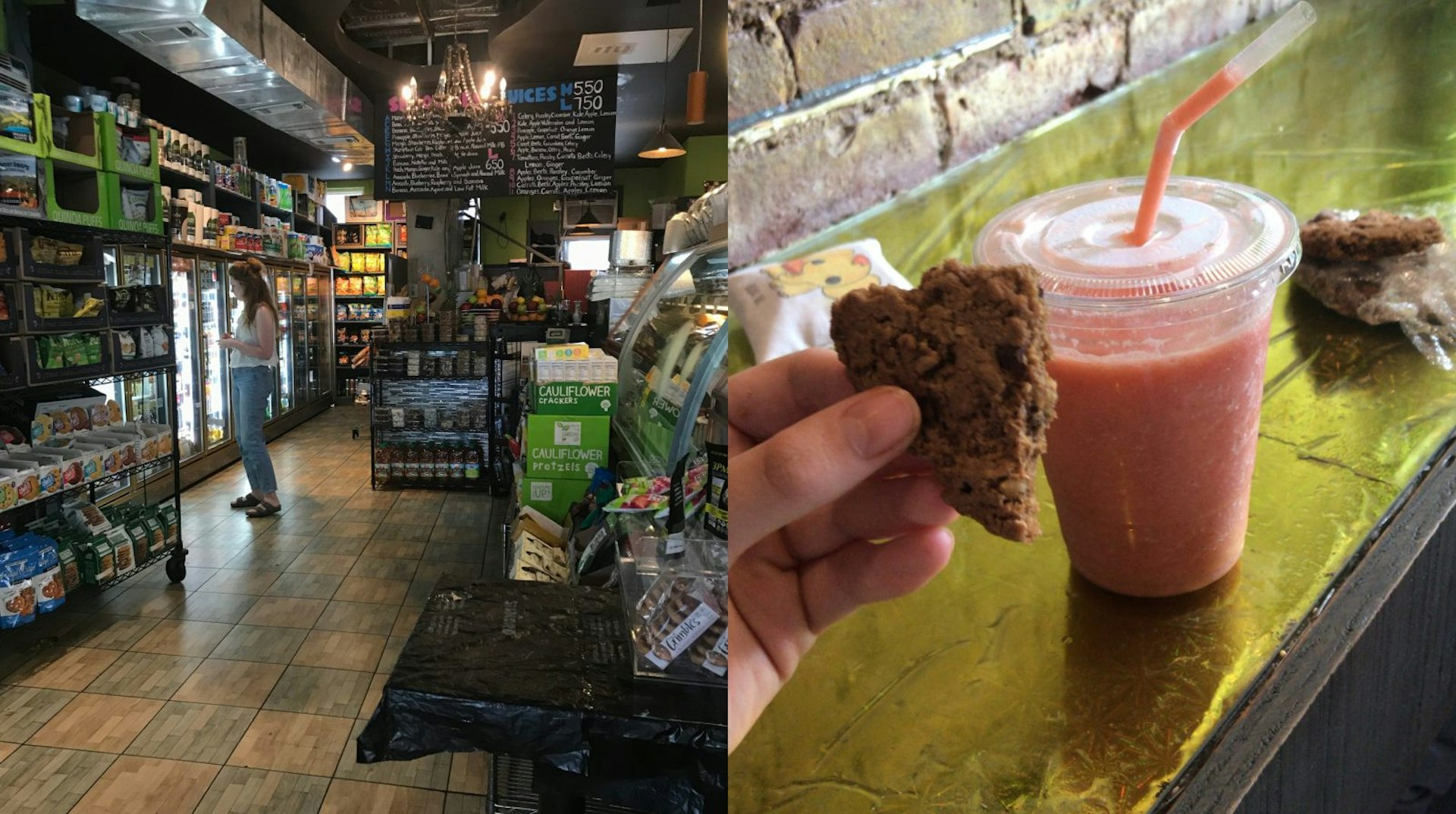 Two images. The left image is of a young woman gazing into a fridge in a NY deli. The second photo shows a half-eaten cookie and a milkshake on a counter.