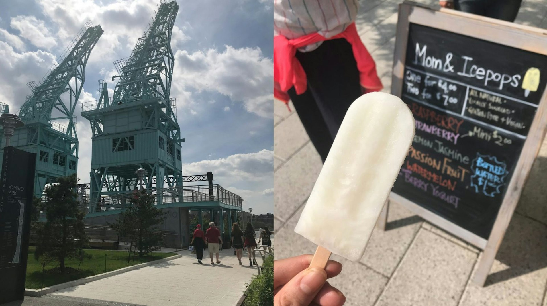 Two images: the image on the left is of people walking along a path in Domino park. The second image is a close up of an ice pop with the menu A board in the background.